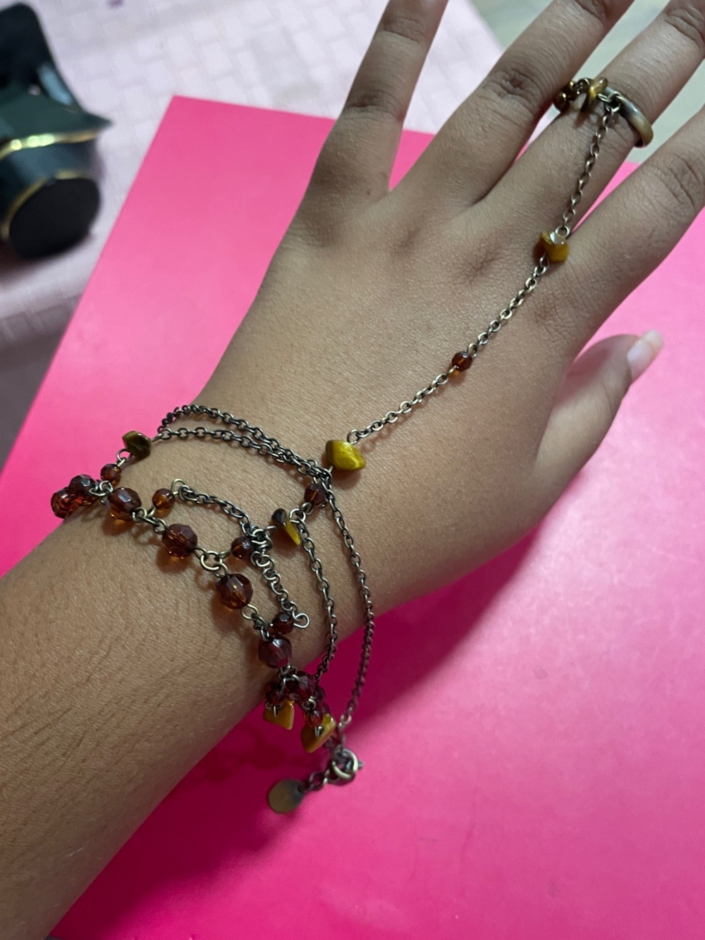 Hand Chain Bracelet with Amber Beads - Women Jewelry